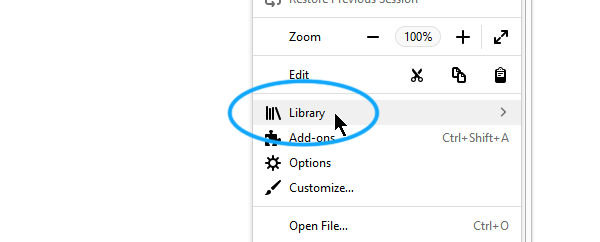 Screenshot of the Firefox menu, showing the Library menu item