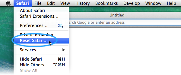 Screenshot of the Safari menu showing the Reset Safari item.