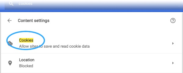 Screenshot of the Content settings screen, with the Cookies option highlighted