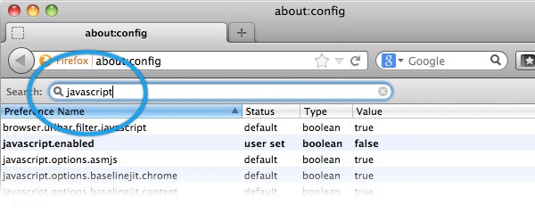 Screenshot showing advanced settings being narrowed down by searching for javascript